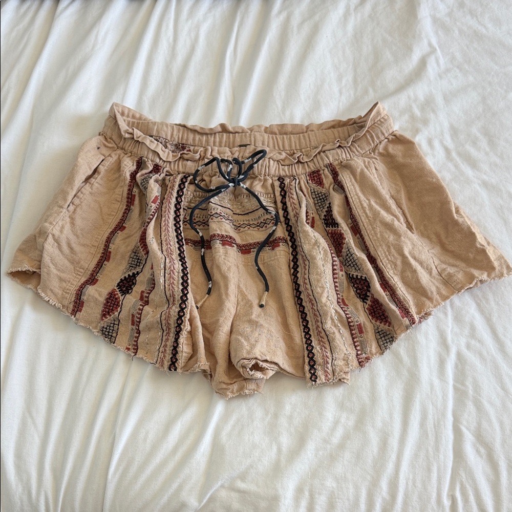Free People Pull On Boho Tan Shorts with Embroidered Details